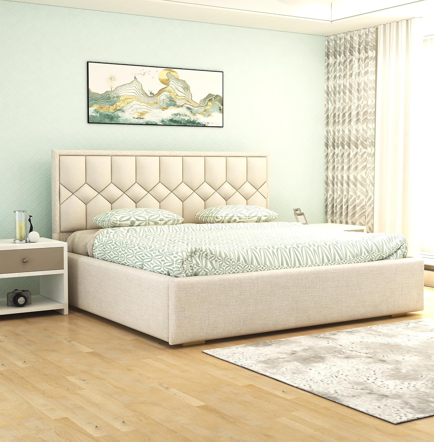 Solid Wood Bed with Upholstered Velvet Headboard & Box Storage