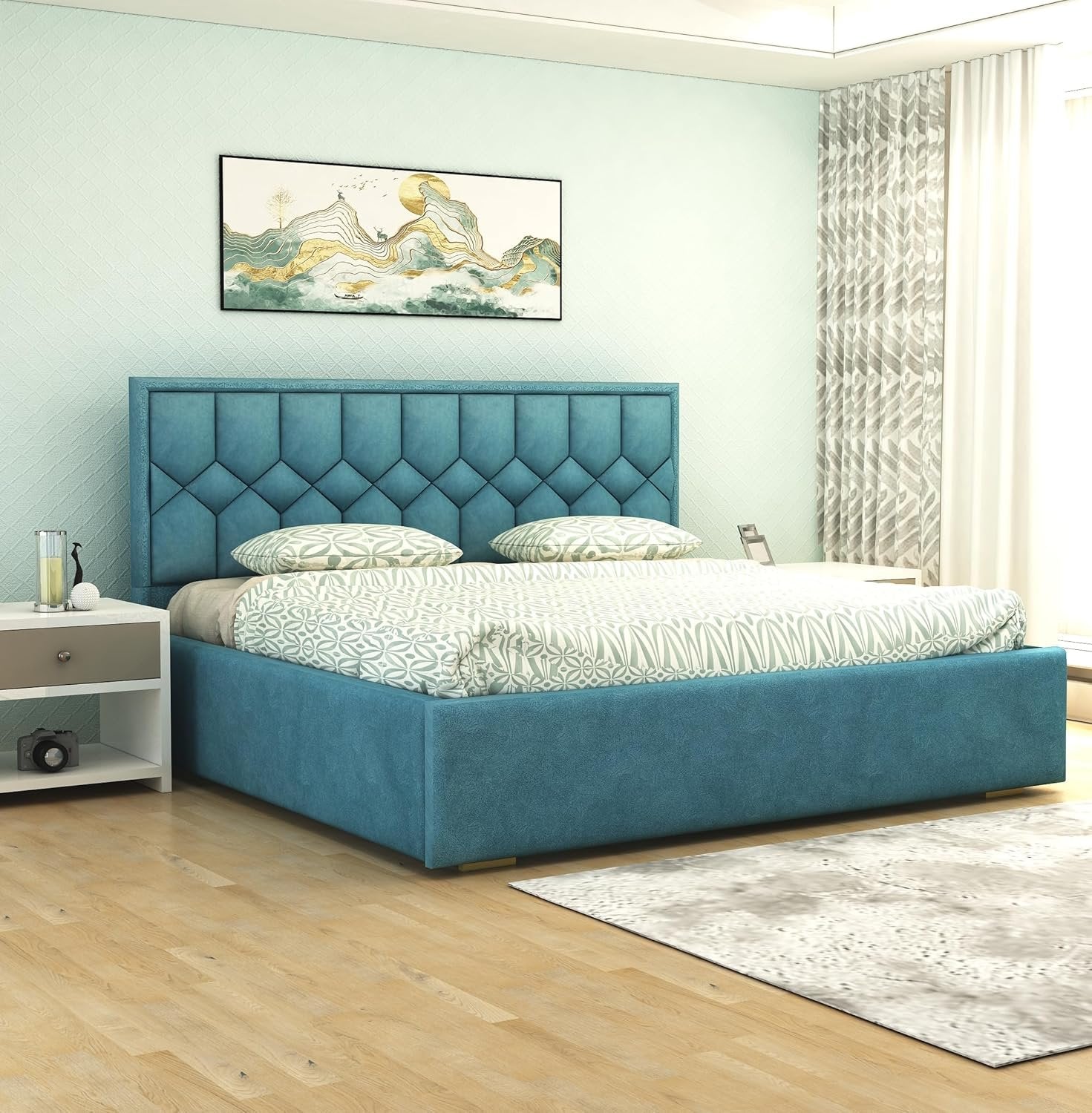 Solid Wood Bed with Upholstered Velvet Headboard & Box Storage