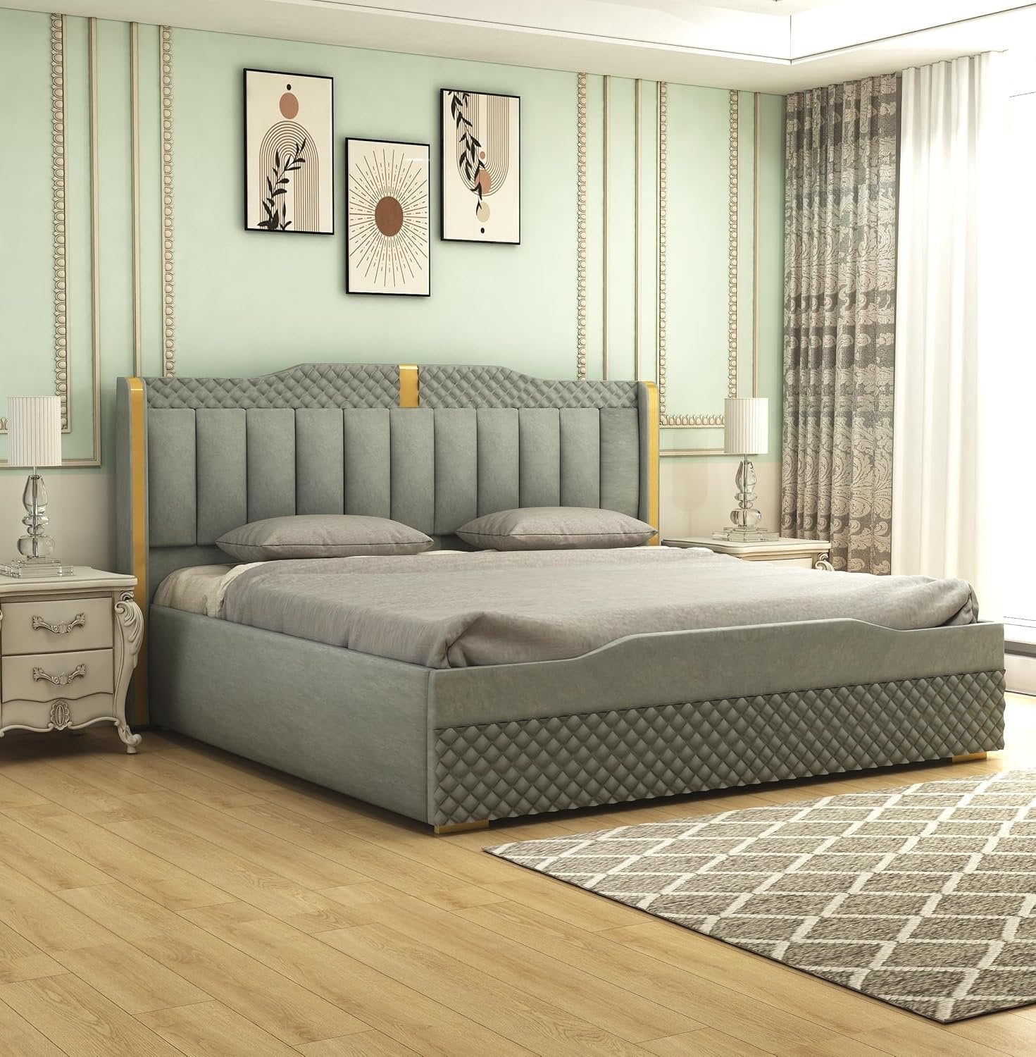 Solid Wood Upholstered Bed with Box Storage | For Bedroom & Living Room