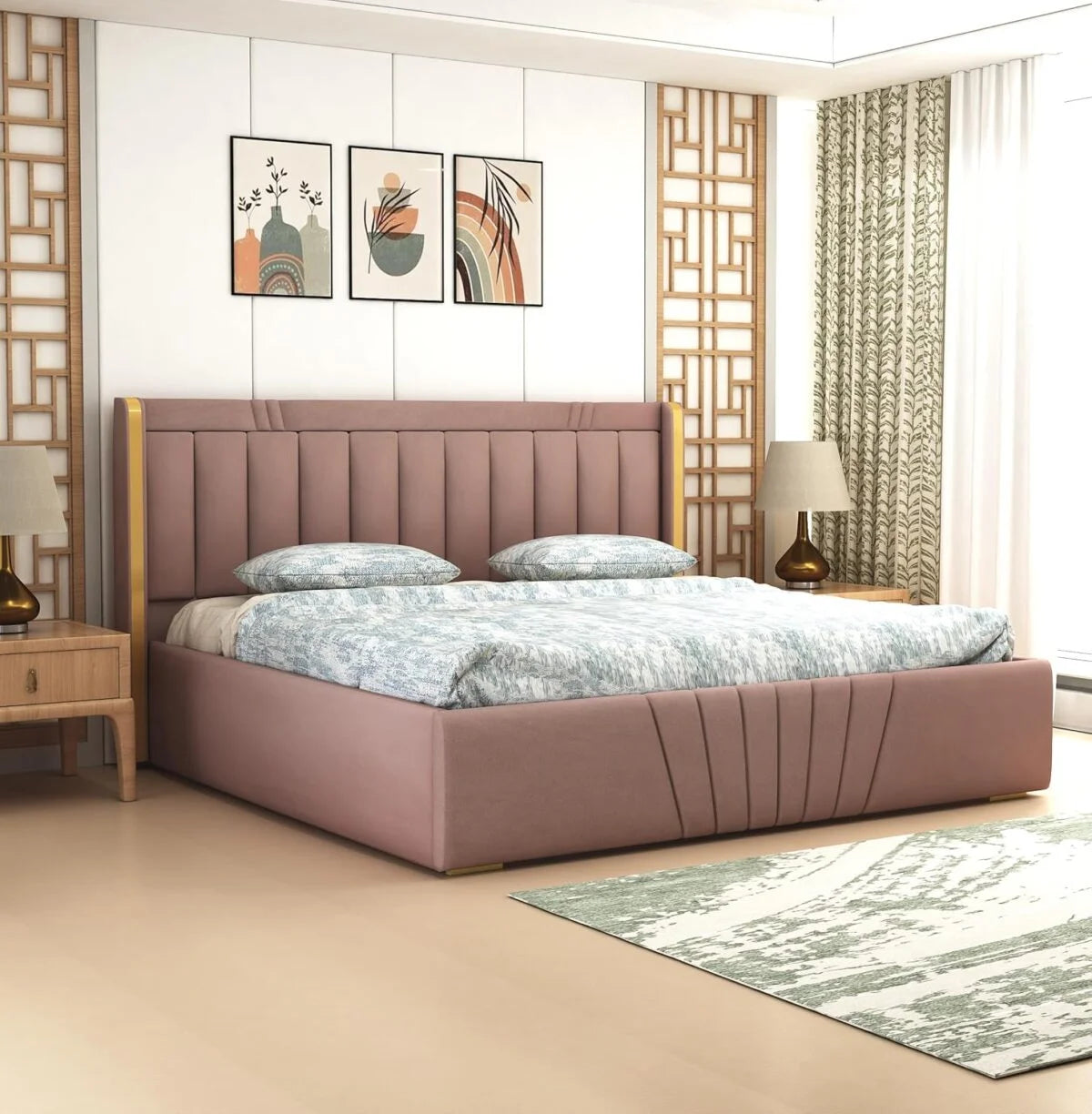 Premium Wooden King and Queen Bed with Padded Velvet Upholstery & Storage