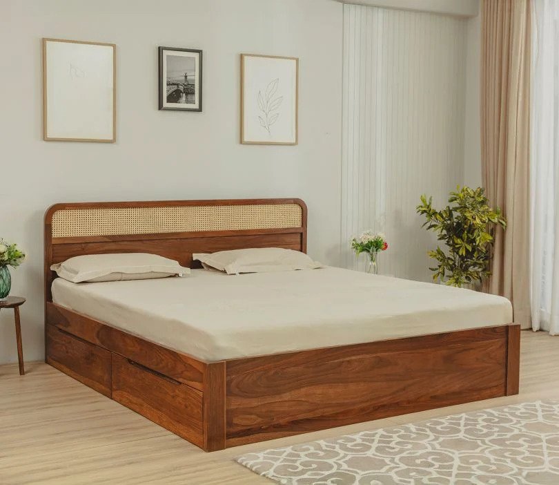 Sleeplore Sheesham Wood Bed with 4 Drawer Storage and Cane Detailing