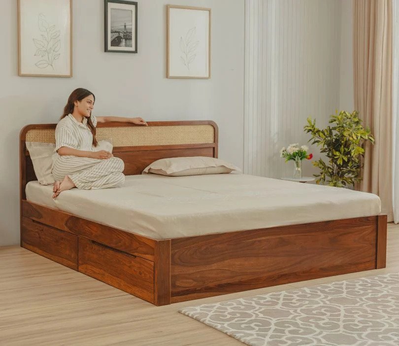Sleeplore Sheesham Wood Bed with 4 Drawer Storage and Cane Detailing