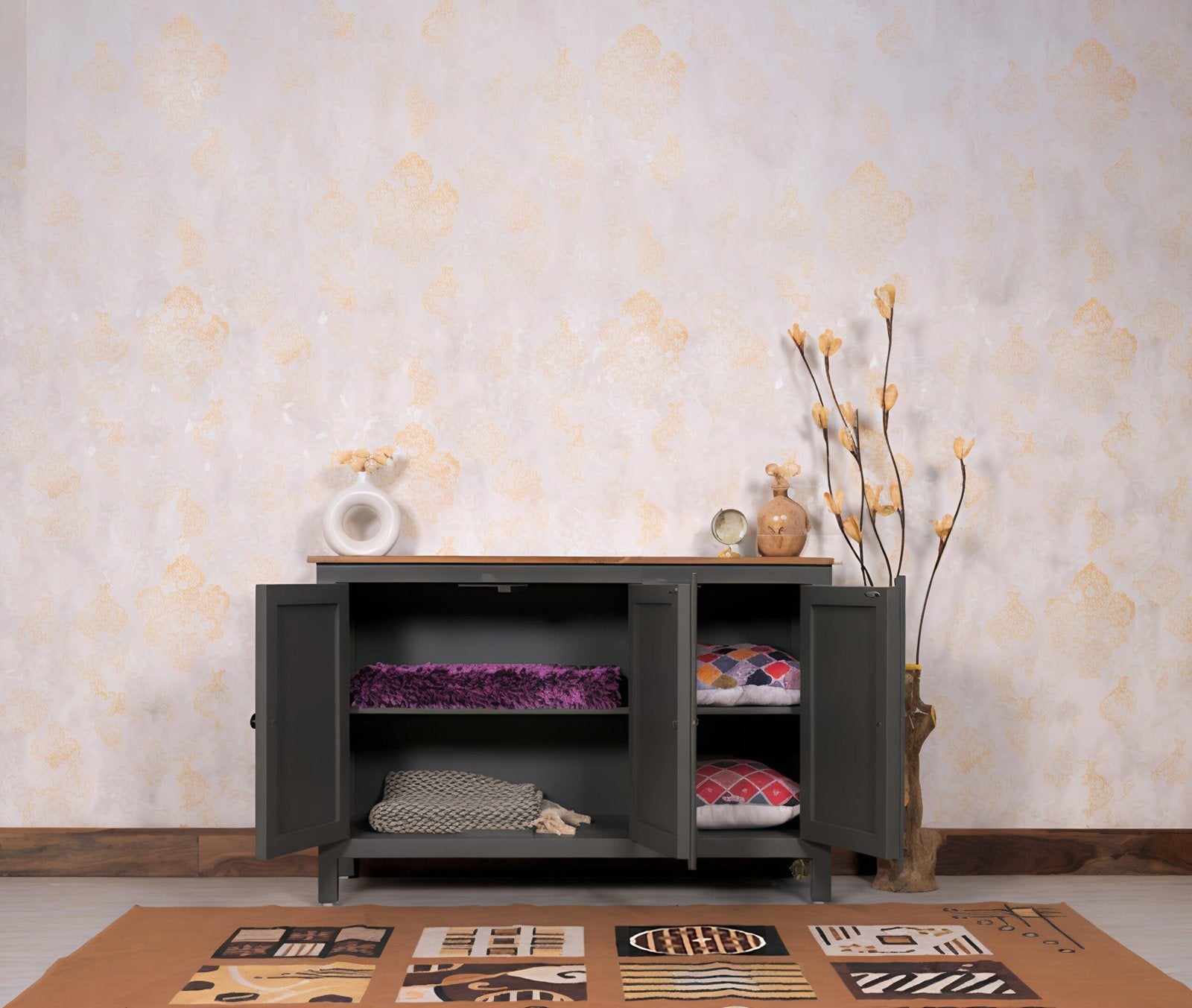 Dreamure Solid Wood Three Door Storage Tall Cabinet