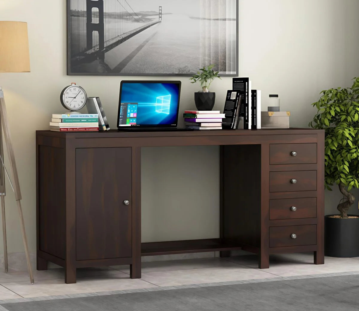 Oakshine Sheesham Wood Study Table with Four Drawers & Cabinet
