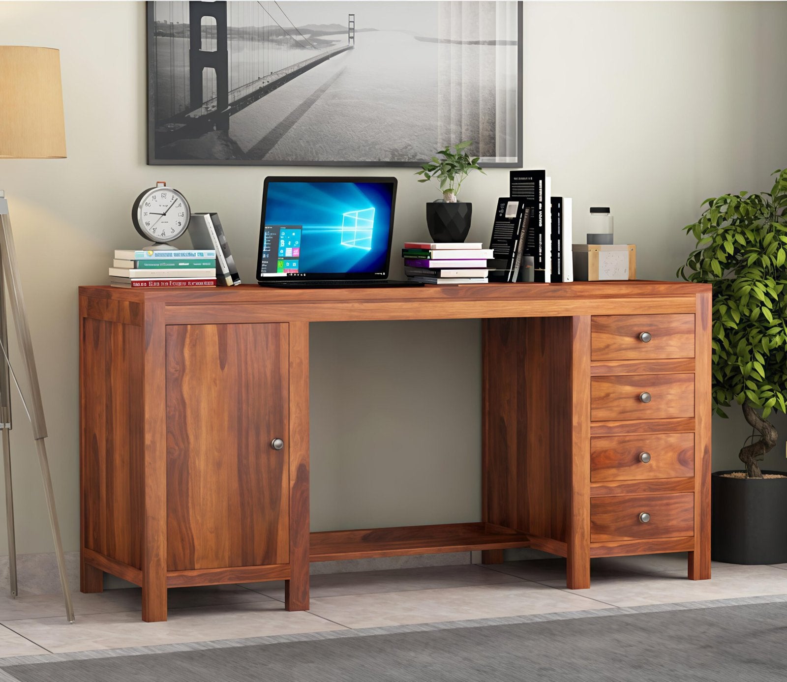 Oakshine Sheesham Wood Study Table with Four Drawers & Cabinet