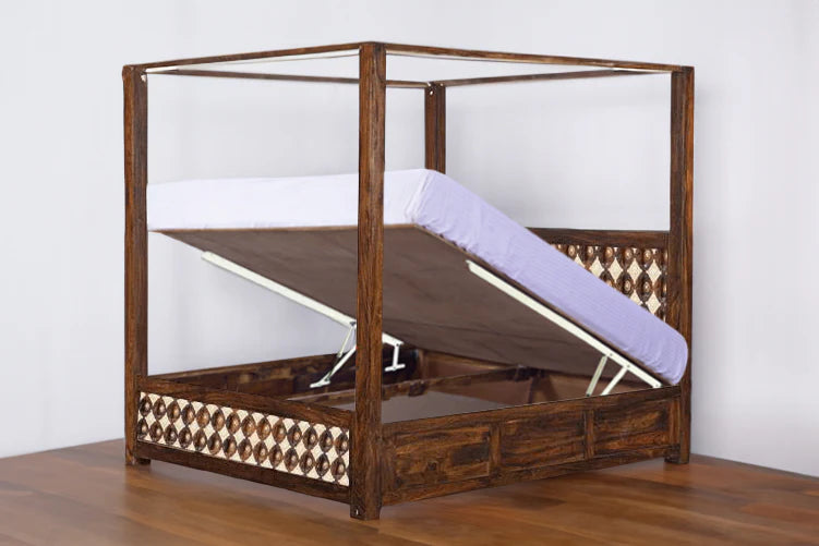Solid Wood Luxury Poster Bed with Hydraulic Storage