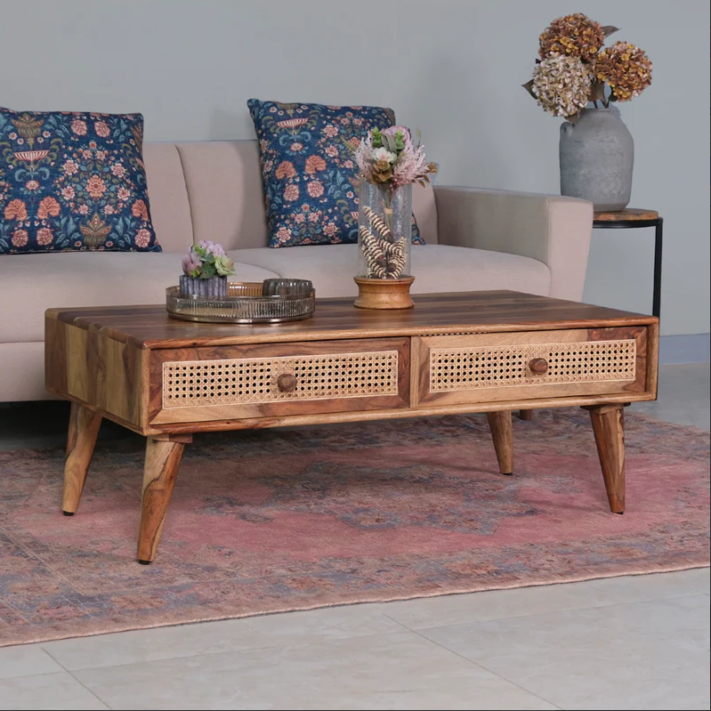 Verona Solid Wood Rattan Cane Two Drawer Coffee Table