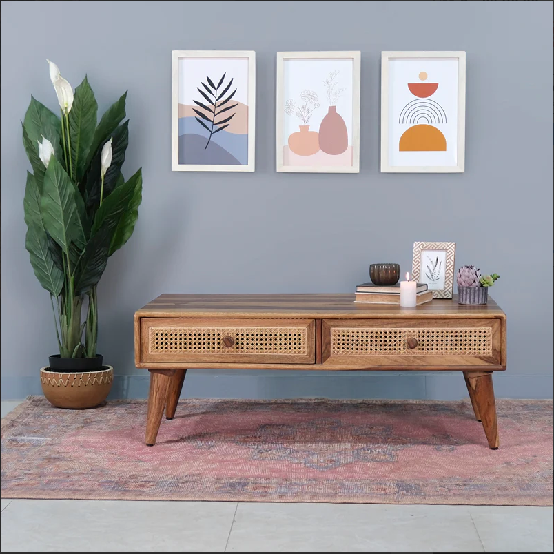 Verona Solid Wood Rattan Cane Two Drawer Coffee Table
