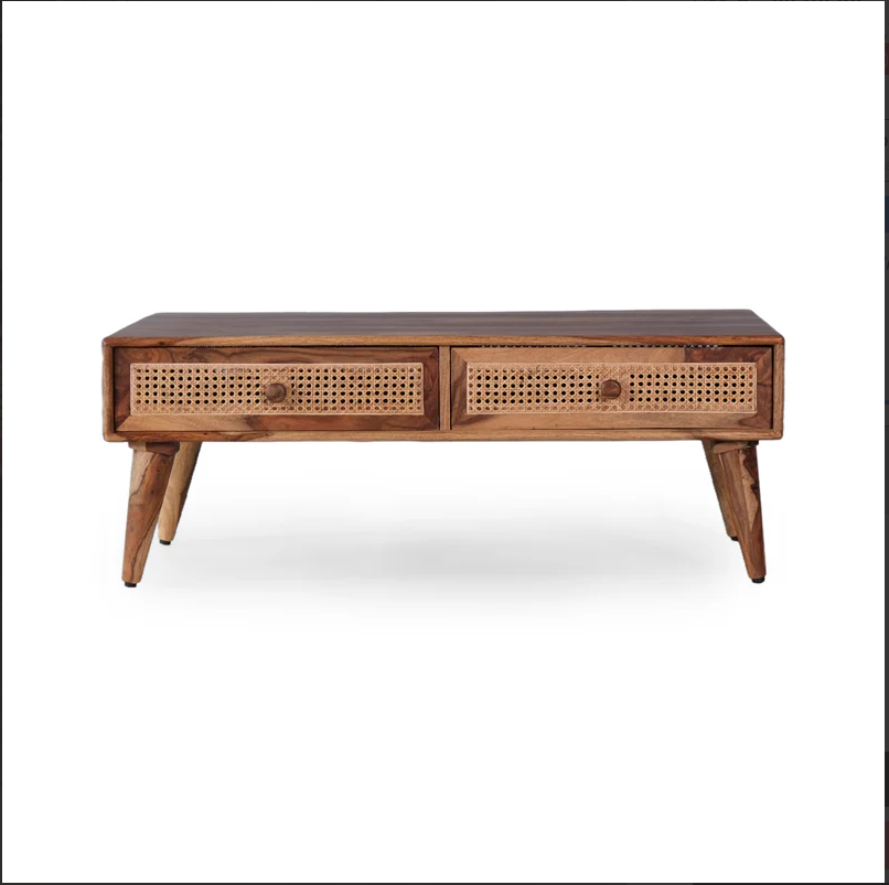 Verona Solid Wood Rattan Cane Two Drawer Coffee Table