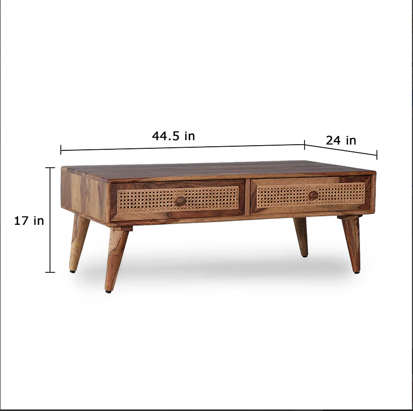 Verona Solid Wood Rattan Cane Two Drawer Coffee Table