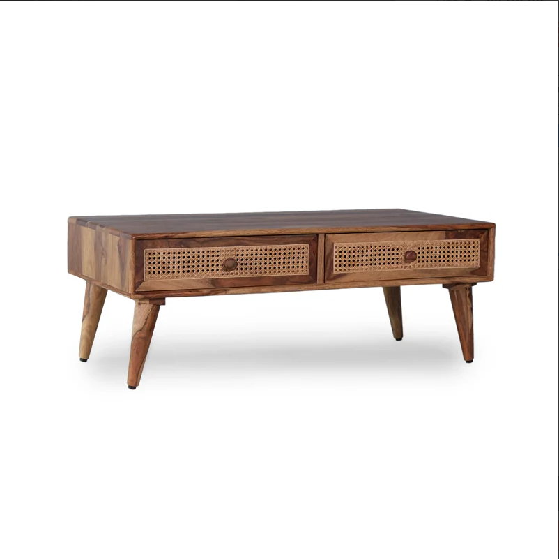 Verona Solid Wood Rattan Cane Two Drawer Coffee Table