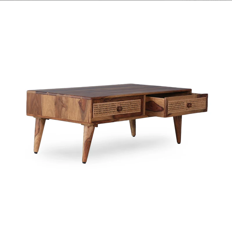 Verona Solid Wood Rattan Cane Two Drawer Coffee Table