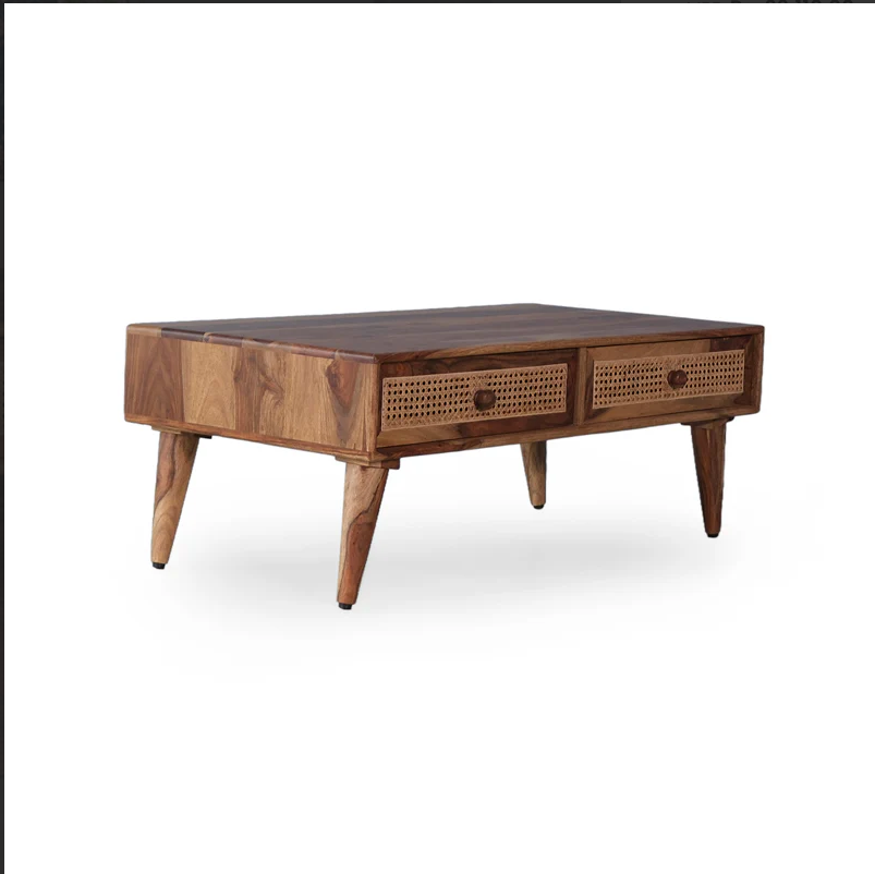 Verona Solid Wood Rattan Cane Two Drawer Coffee Table