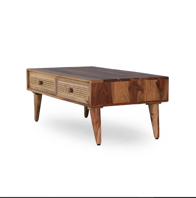 Verona Solid Wood Rattan Cane Two Drawer Coffee Table