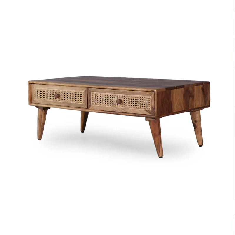 Verona Solid Wood Rattan Cane Two Drawer Coffee Table