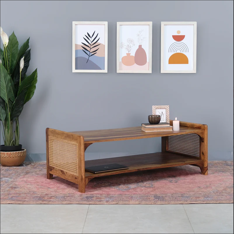 Caffina Solid Wood Rattan Cane One Drawer Coffee Table