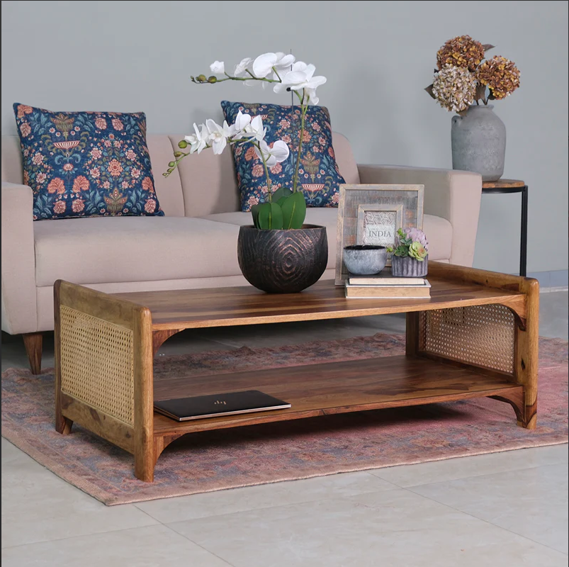 Caffina Solid Wood Rattan Cane One Drawer Coffee Table