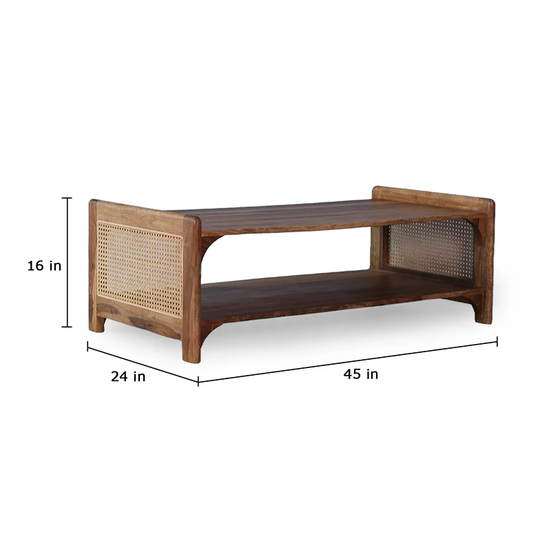 Caffina Solid Wood Rattan Cane One Drawer Coffee Table