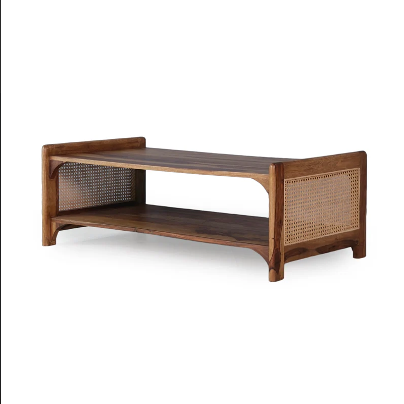 Caffina Solid Wood Rattan Cane One Drawer Coffee Table
