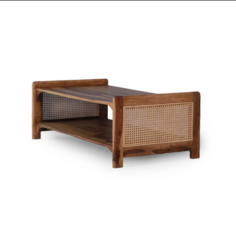Caffina Solid Wood Rattan Cane One Drawer Coffee Table