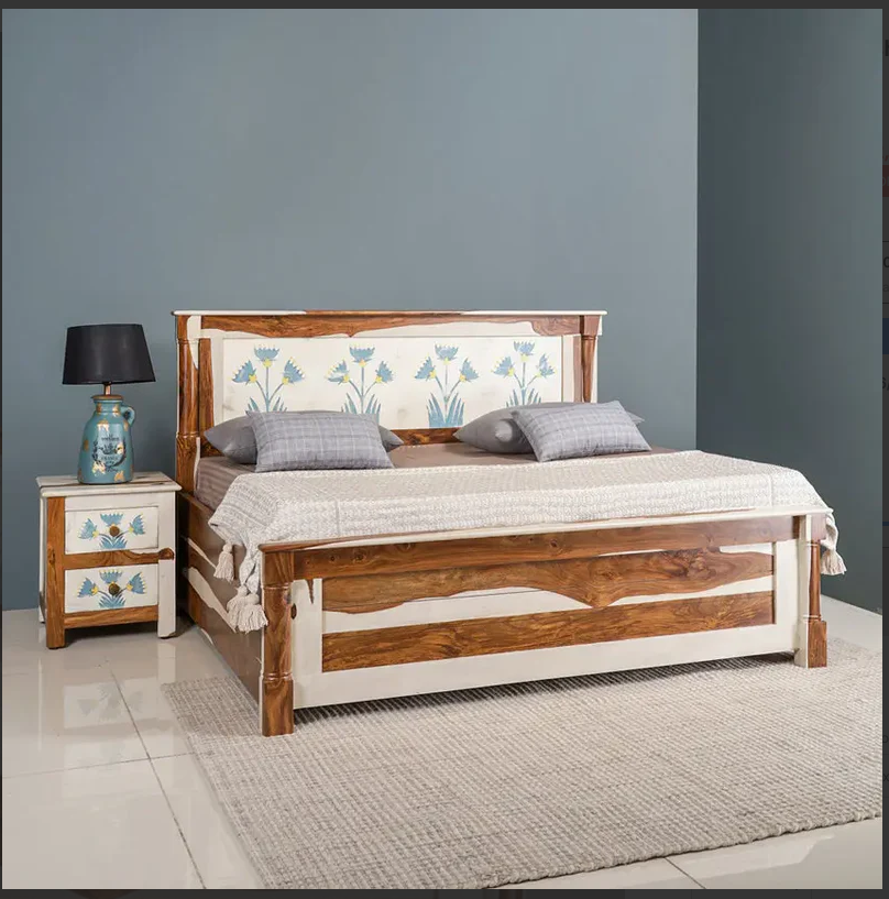 Hiberna Solid Sheesham Wood Bed With Hand Painting