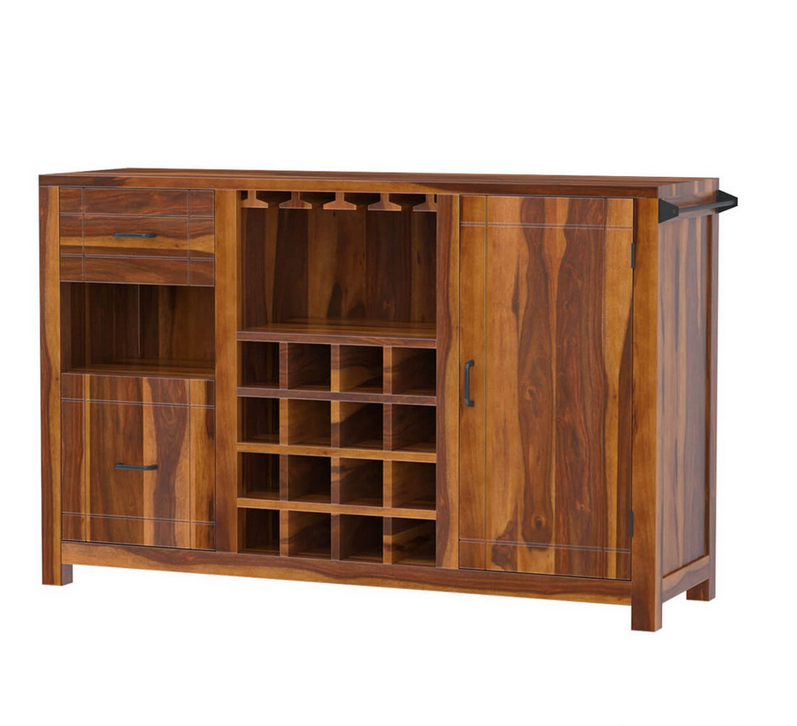 Mancos Rustic Solid Wood Modern Bar Cabinet with Slide-out Drawer