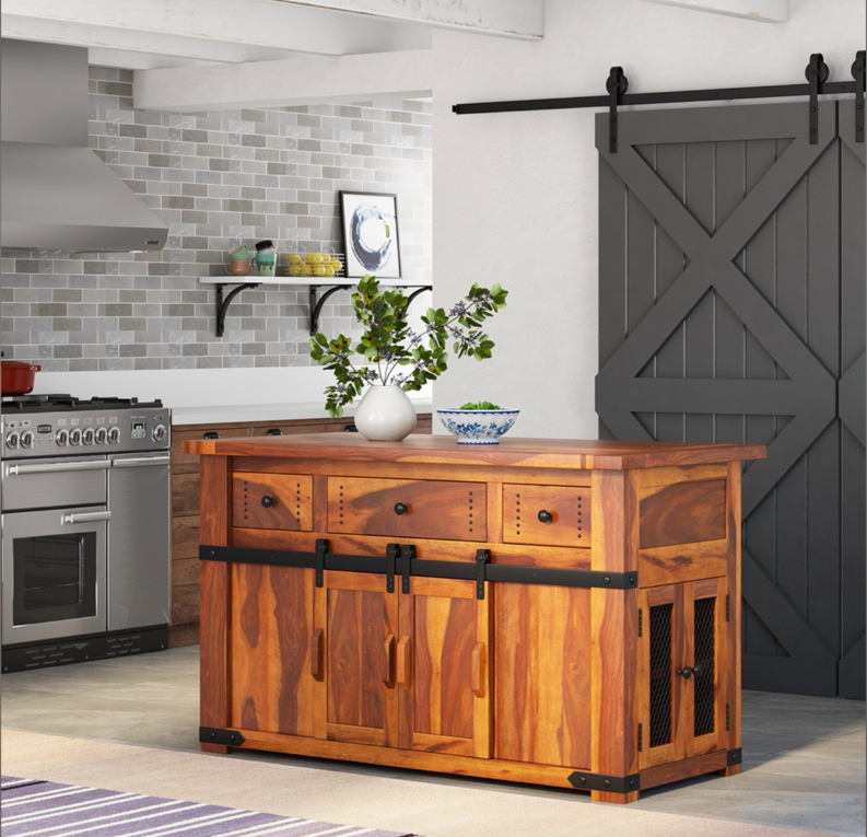 Poultney Rustic Solid Wood Kitchen Island with Slider Door Storage
