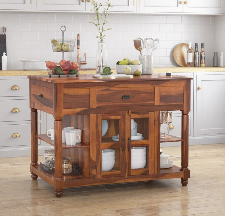 WardVault Solid Wood Small Kitchen Island Table with open shelves