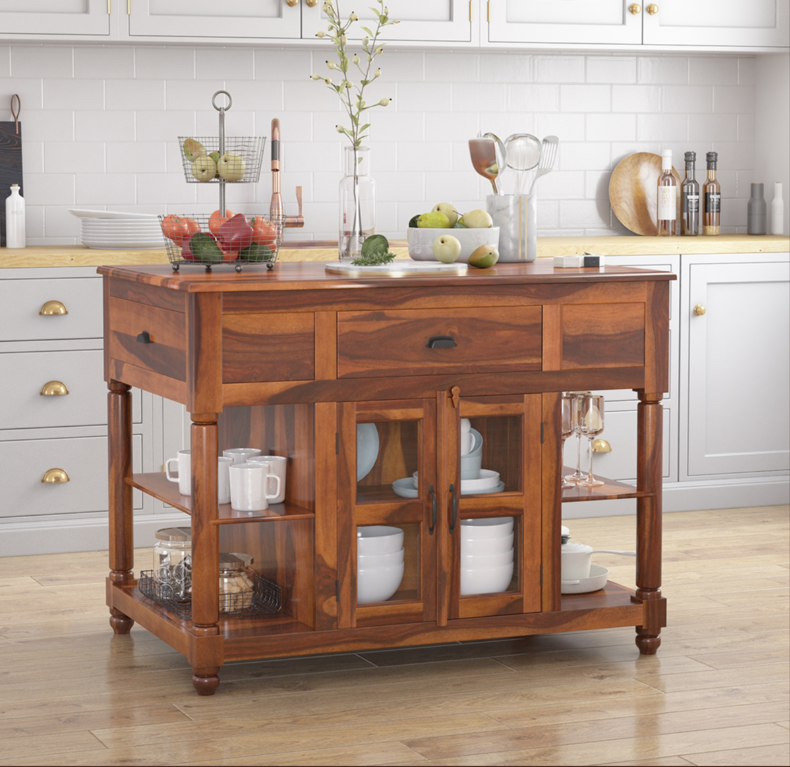 Lincoln Solid Wood Small Kitchen Island Table with open shelves