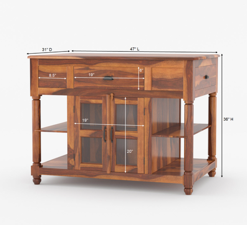 Lincoln Solid Wood Small Kitchen Island Table with open shelves