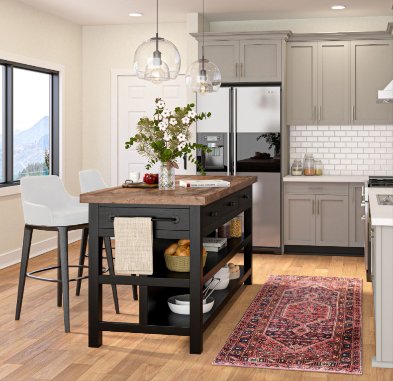 Frigiliana Rustic Modern Black Kitchen Island with Open Shelves