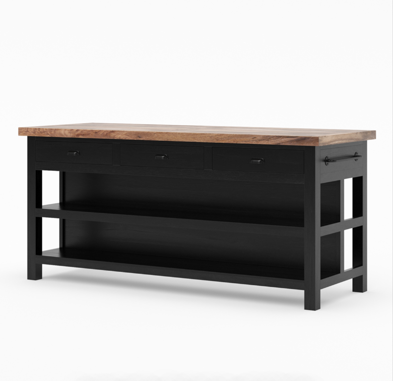 Frigiliana Rustic Modern Black Kitchen Island with Open Shelves