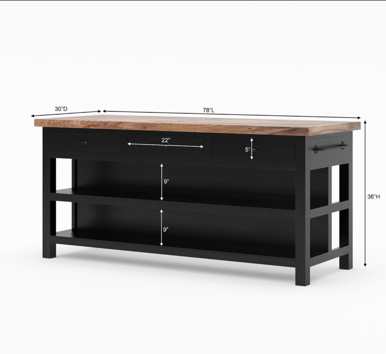 Frigiliana Rustic Modern Black Kitchen Island with Open Shelves