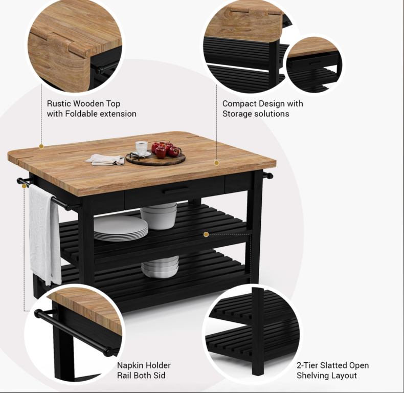 Catania Solid Wood Farmhouse Small Kitchen Island with Drop Leaf