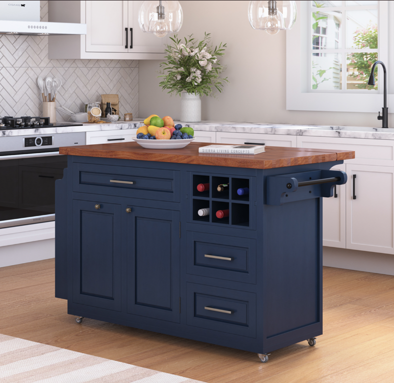 Erie Modern Butcher Block Drop Leaf Kitchen Island Carts with Trash bin