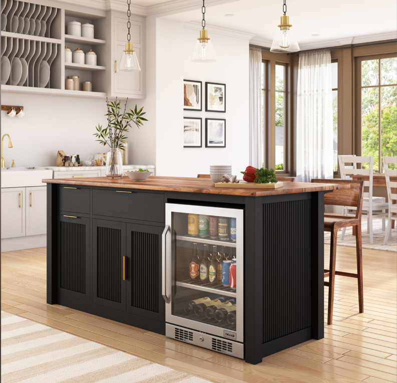 Bryan Fluted Farmhouse Black Kitchen Island with Mini Fridge Space