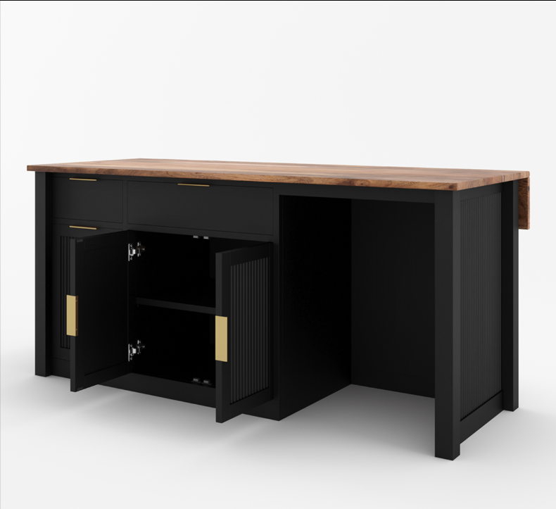 Bryan Fluted Farmhouse Black Kitchen Island with Mini Fridge Space