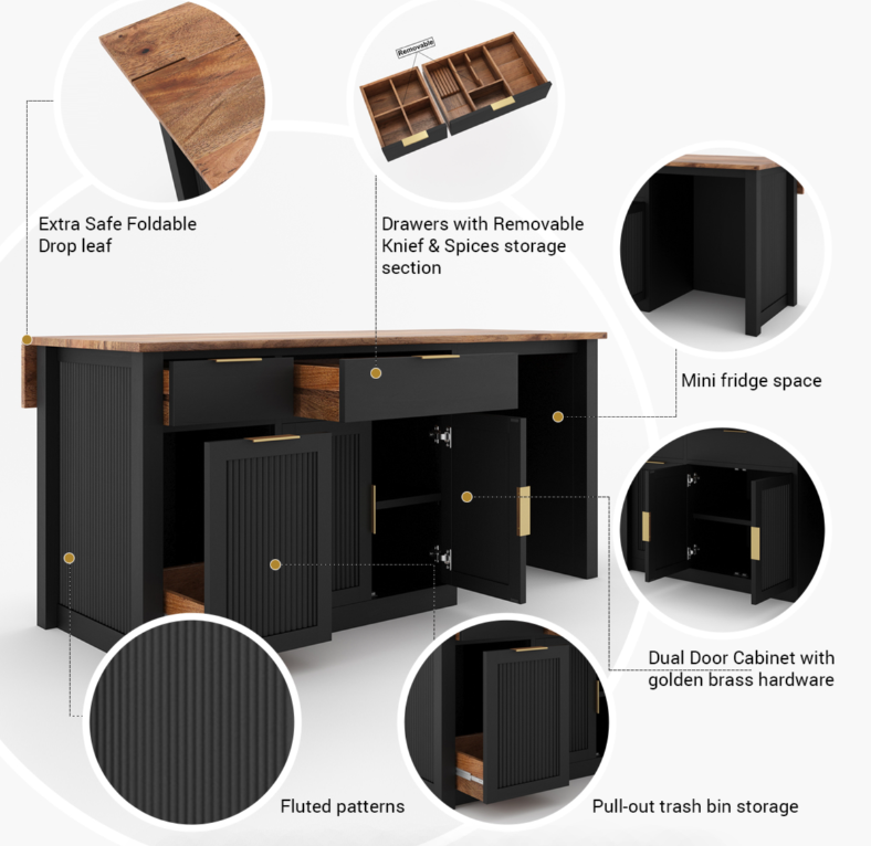 Bryan Fluted Farmhouse Black Kitchen Island with Mini Fridge Space