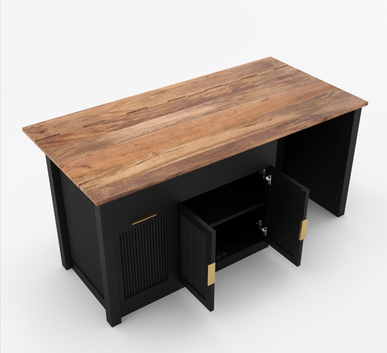 Bryan Fluted Farmhouse Black Kitchen Island with Mini Fridge Space