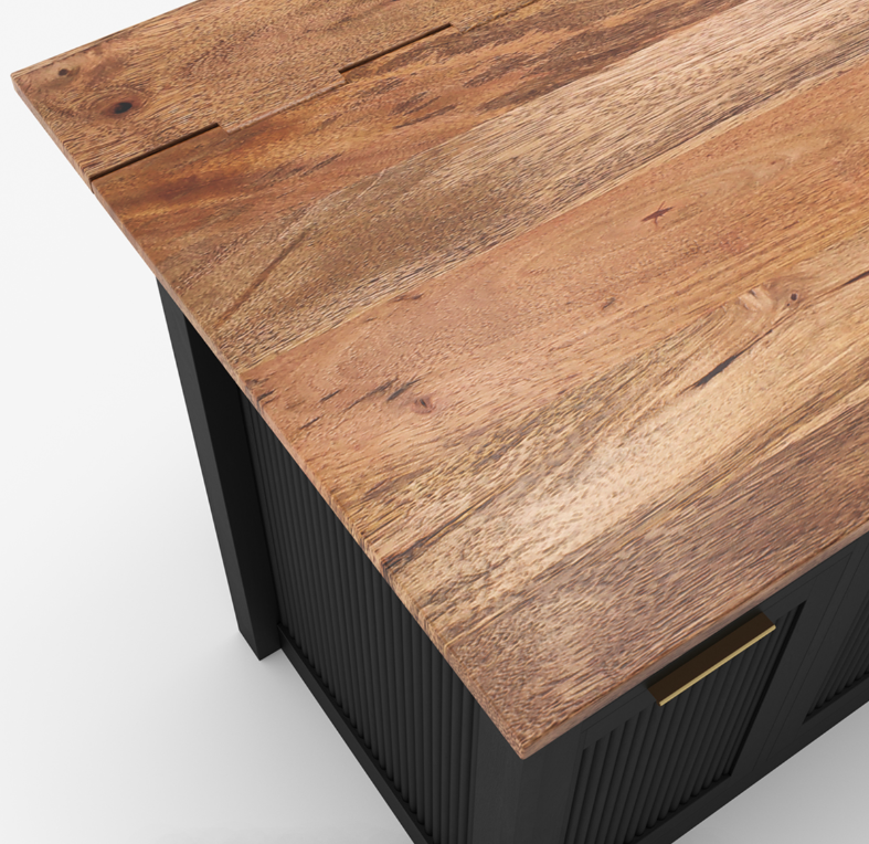 Bryan Fluted Farmhouse Black Kitchen Island with Mini Fridge Space