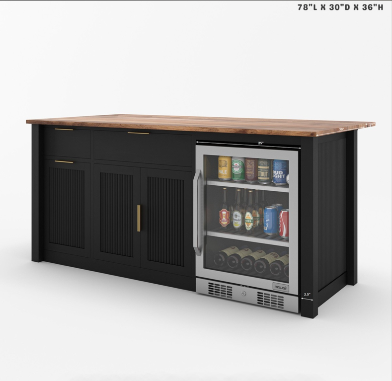 Bryan Fluted Farmhouse Black Kitchen Island with Mini Fridge Space