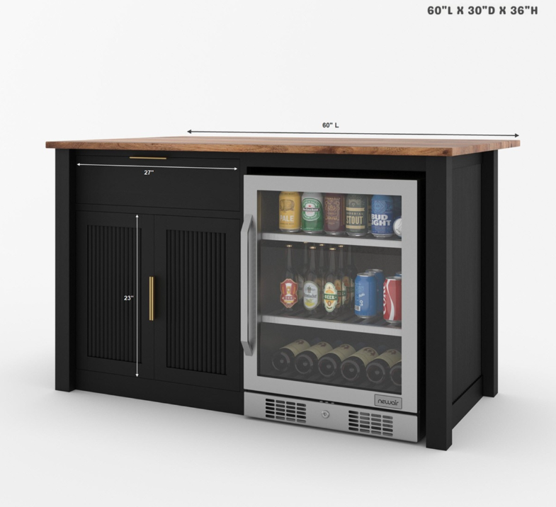 Bryan Fluted Farmhouse Black Kitchen Island with Mini Fridge Space