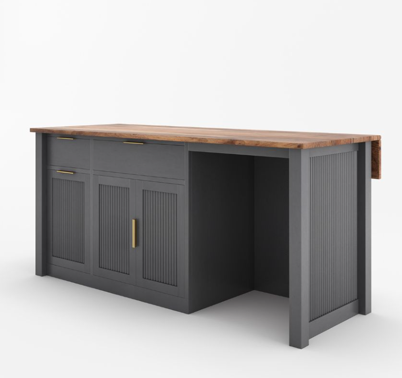 Bryan Fluted Farmhouse Black Kitchen Island with Mini Fridge Space