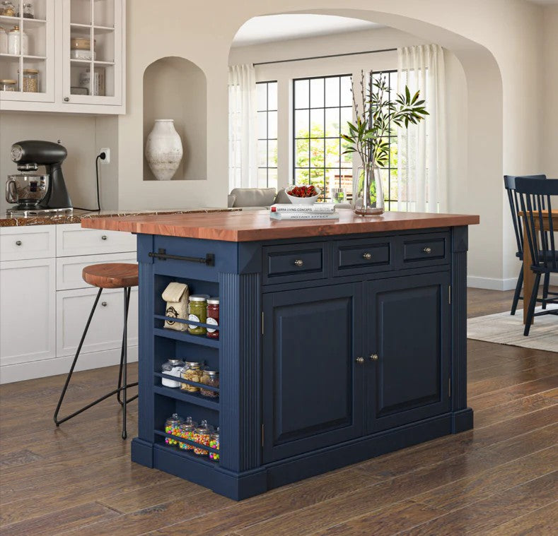 KitchenLoom Blue Solid Wood Kitchen Island With Drop Leaf