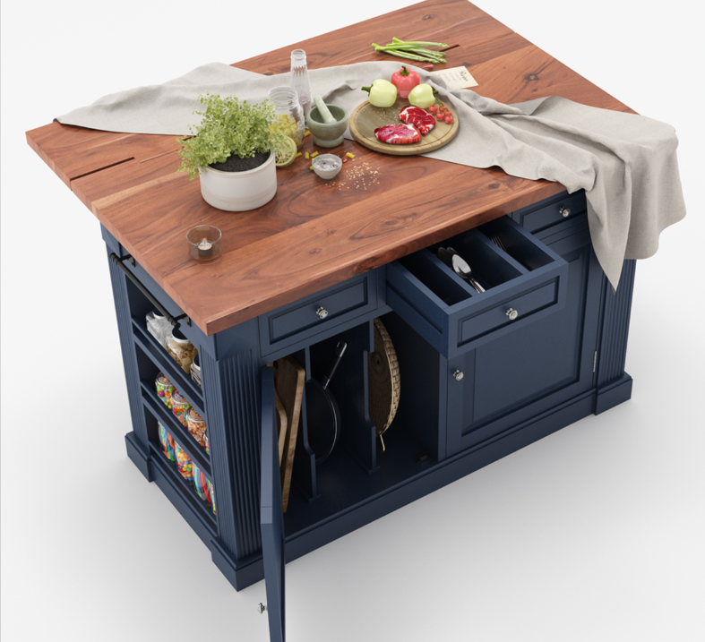 Bismarck Blue Solid Wood Kitchen Island With Drop Leaf