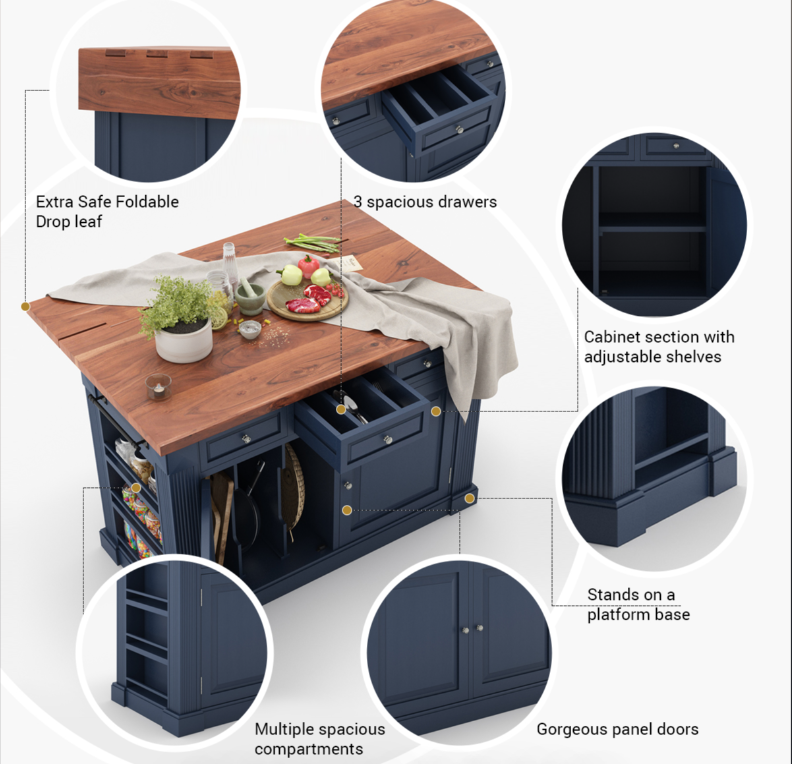 Bismarck Blue Solid Wood Kitchen Island With Drop Leaf