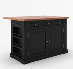 Kitchen island with wooden countertop and blue base cabinet in a well-lit kitchen.