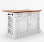 Kitchen island with wooden countertop and blue base cabinet in a well-lit kitchen.