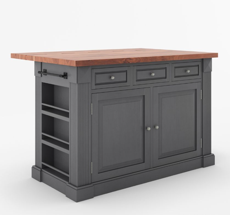 Kitchen island with wooden countertop and blue base cabinet in a well-lit kitchen.