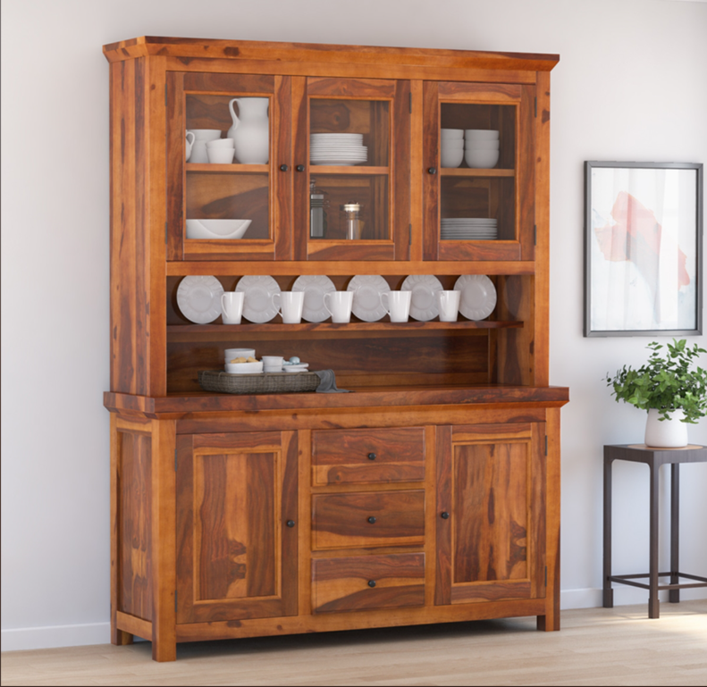 Naperville Rustic Solid Wood Glass Door Dining Room Kitchen Hutch